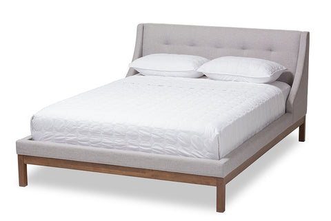 Baxton Studio Louvain Modern and Contemporary Greyish Beige Fabric Upholstered Walnut-Finished Queen Sized Platform Bed
