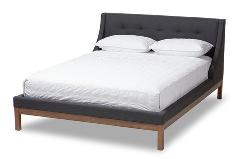 Baxton Studio Louvain Modern and Contemporary Dark Grey Fabric Upholstered Walnut-Finished Queen Sized Platform Bed