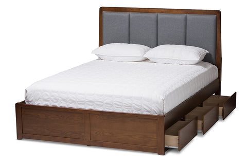 Baxton Studio Brannigan Modern and Contemporary Dark Grey Fabric Upholstered Walnut Finished King Size Storage Platform Bed