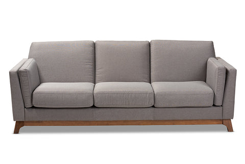 Baxton Studio Sava Mid-Century Modern Grey Fabric Upholstered Walnut Wood 3-Seater Sofa