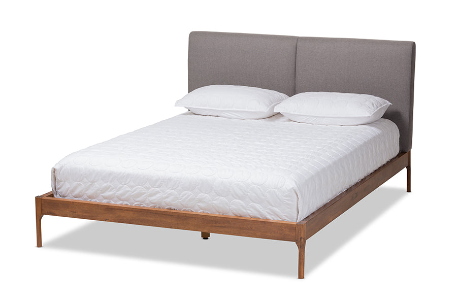 Baxton Studio Aveneil Mid-Century Modern Grey Fabric Upholstered Walnut Finished Queen Size Platform Bed
