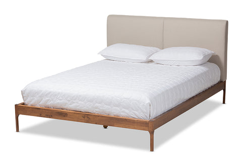 Baxton Studio Aveneil Mid-Century Modern Beige Fabric Upholstered Walnut Finished Queen Size Platform Bed