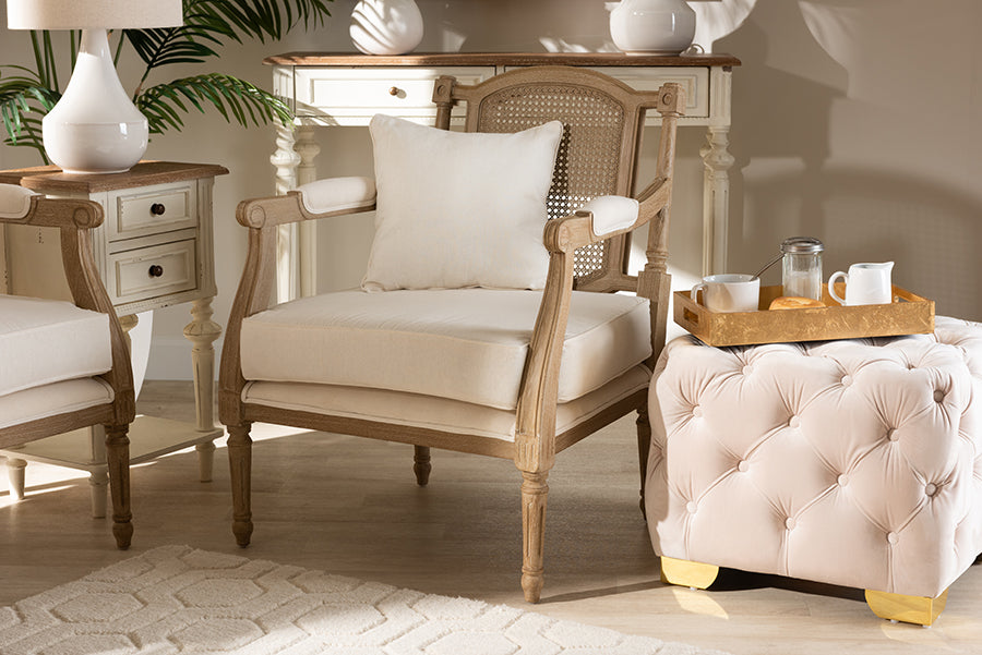 Baxton Studio Clemence French Provincial Ivory Fabric Upholstered Whitewashed Wood Armchair