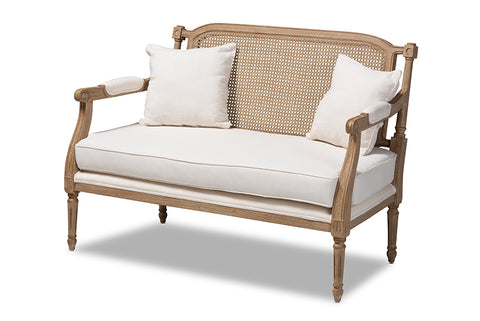 Baxton Studio Clemence French Provincial Ivory Fabric Upholstered Whitewashed Wood Loveseat