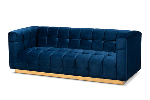 Baxton Studio Loreto Glam and Luxe Navy Blue Velvet Fabric Upholstered Brushed Gold Finished Sofa
