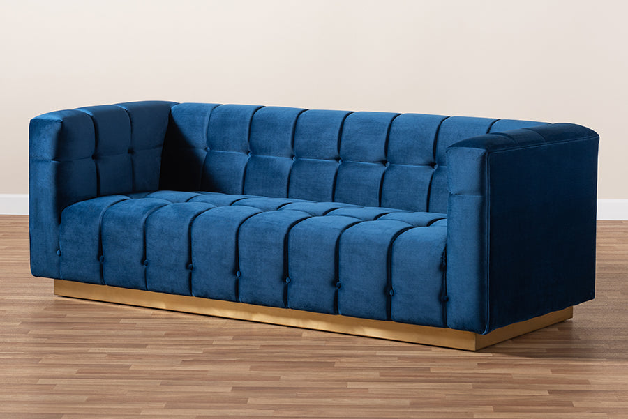 Baxton Studio Loreto Glam and Luxe Navy Blue Velvet Fabric Upholstered Brushed Gold Finished Sofa