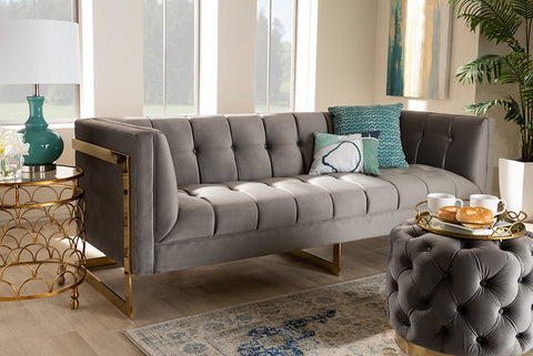 Baxton Studio Ambra Glam and Luxe Grey Velvet Fabric Upholstered and Button Tufted Sofa with Gold-Tone Frame