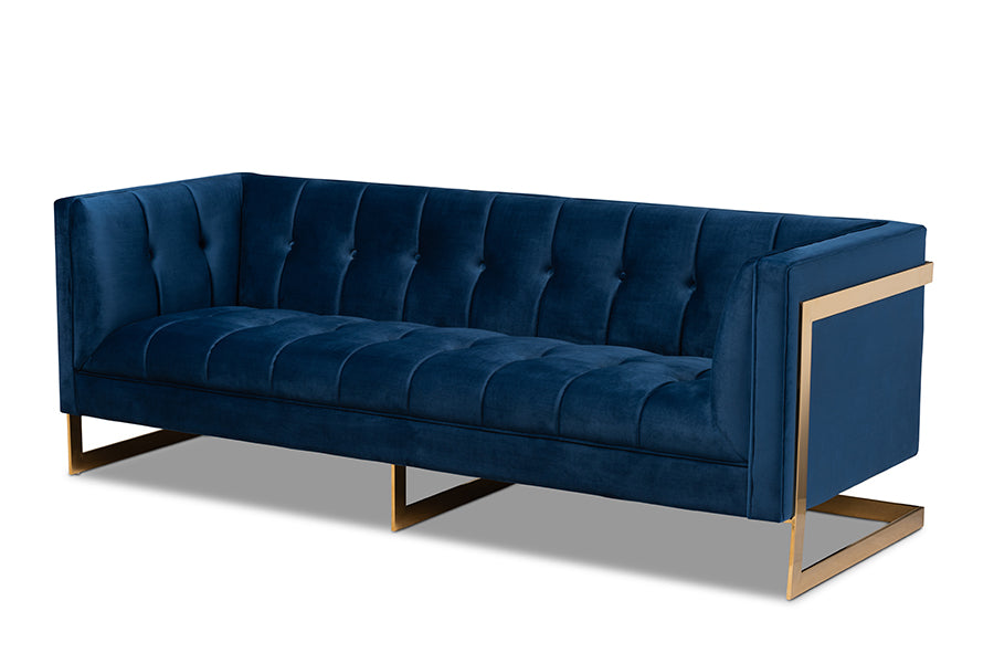 Baxton Studio Ambra Glam and Luxe Navy Blue Velvet Fabric Upholstered and Button Tufted Gold Sofa with Gold-Tone Frame