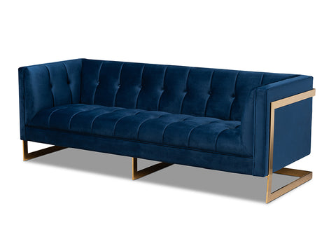 Baxton Studio Ambra Glam and Luxe Navy Blue Velvet Fabric Upholstered and Button Tufted Gold Sofa with Gold-Tone Frame