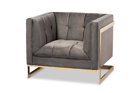Baxton Studio Ambra Glam and Luxe Grey Velvet Fabric Upholstered and Button Tufted Armchair with Gold-Tone Frame
