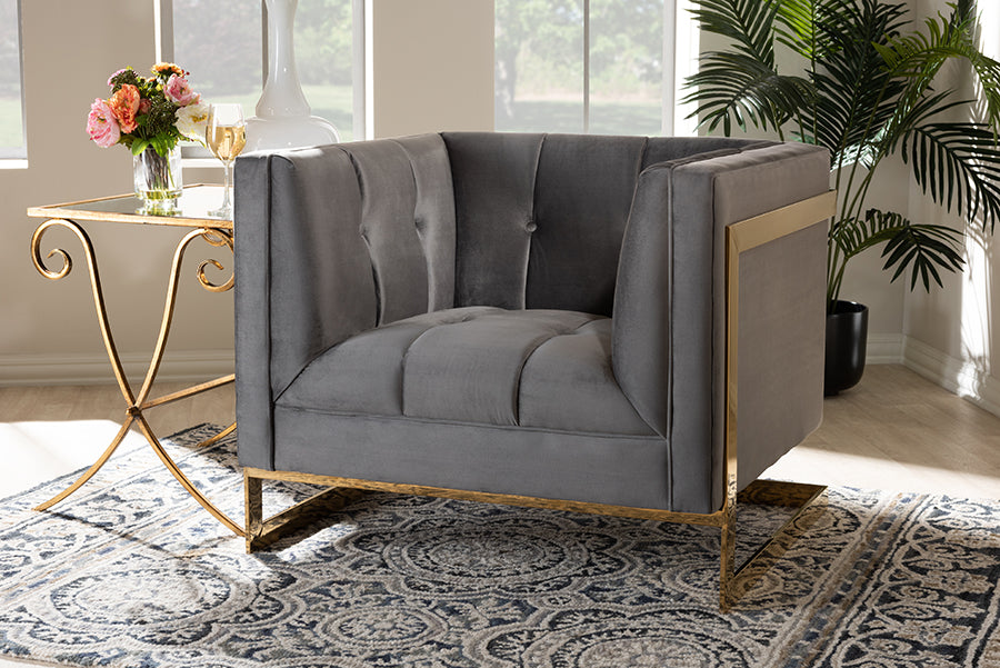 Baxton Studio Ambra Glam and Luxe Grey Velvet Fabric Upholstered and Button Tufted Armchair with Gold-Tone Frame