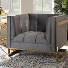 Baxton Studio Ambra Glam and Luxe Grey Velvet Fabric Upholstered and Button Tufted Armchair with Gold-Tone Frame