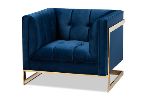 Baxton Studio Ambra Glam and Luxe Royal Blue Velvet Fabric Upholstered and Button Tufted Armchair with Gold-Tone Frame