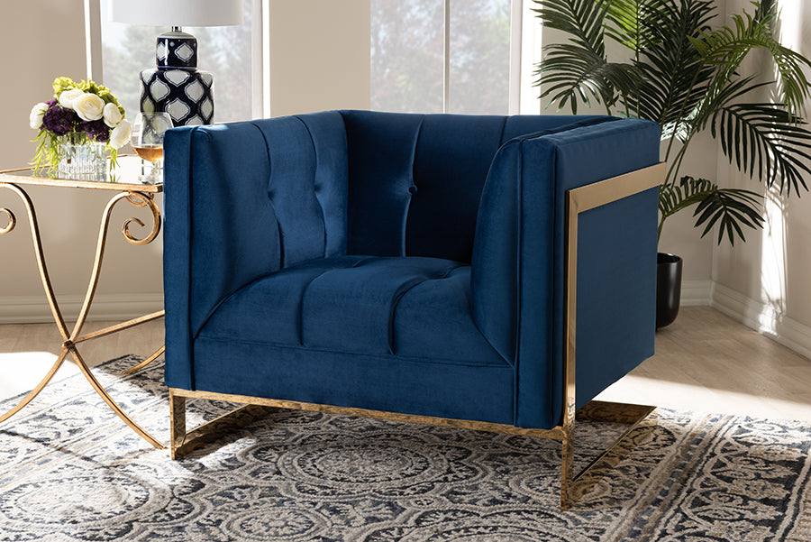 Baxton Studio Ambra Glam and Luxe Royal Blue Velvet Fabric Upholstered and Button Tufted Armchair with Gold-Tone Frame