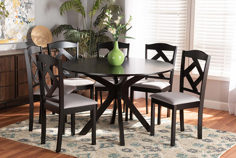 Baxton Studio Carlin Modern Transitional Grey Fabric Upholstered and Dark Brown Finished Wood 7-Piece Dining Set