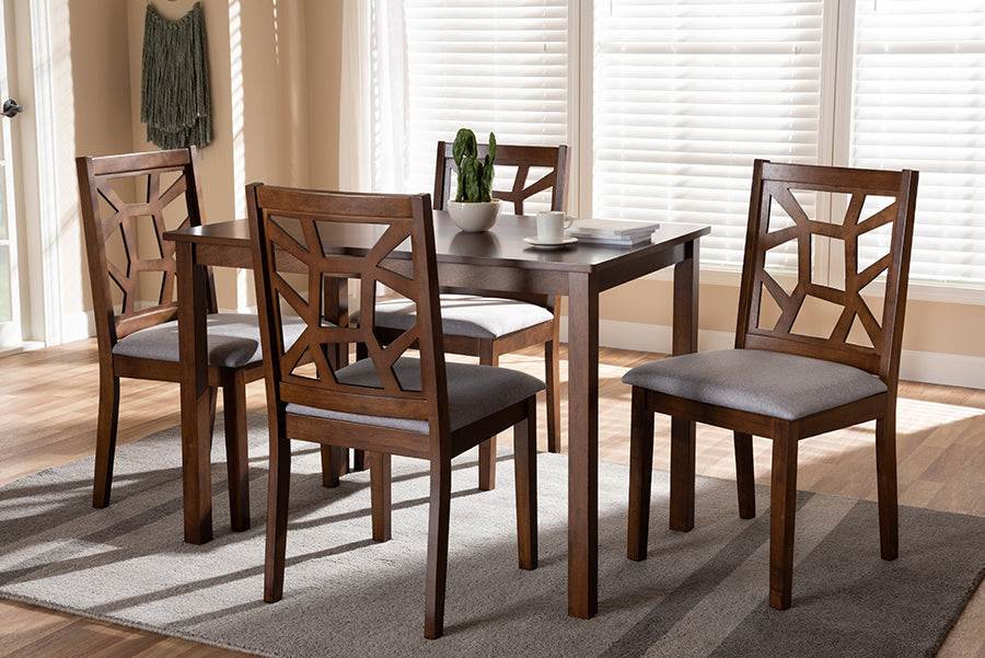 Baxton Studio Abilene Mid-Century Walnut Finished and Grey Fabric Upholstered 5-Piece Dining Set