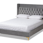 Baxton Studio Valery Modern and Contemporary Dark Gray Velvet Fabric Upholstered King Size Platform Bed with Gold-Finished Legs