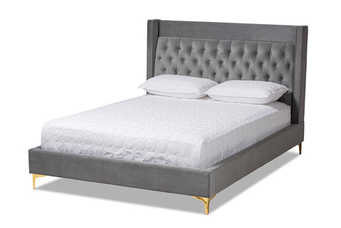 Baxton Studio Valery Modern and Contemporary Dark Gray Velvet Fabric Upholstered King Size Platform Bed with Gold-Finished Legs