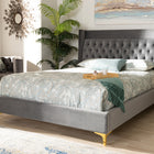 Baxton Studio Valery Modern and Contemporary Dark Gray Velvet Fabric Upholstered King Size Platform Bed with Gold-Finished Legs