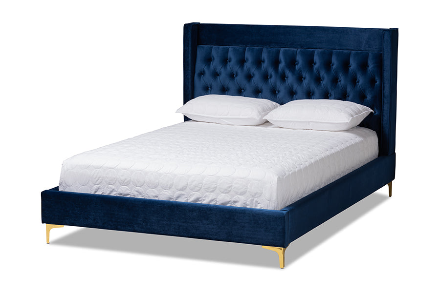 Baxton Studio Valery Modern and Contemporary Navy Blue Velvet Fabric Upholstered Queen Size Platform Bed with Gold-Finished Legs