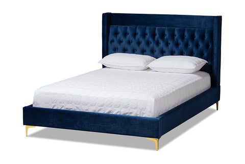 Baxton Studio Valery Modern and Contemporary Navy Blue Velvet Fabric Upholstered King Size Platform Bed with Gold-Finished Legs
