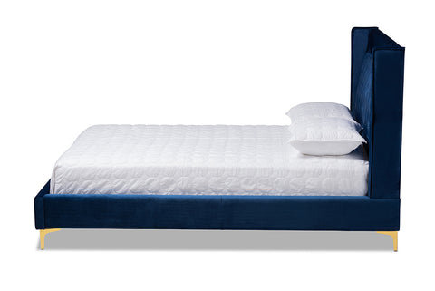 Baxton Studio Valery Modern and Contemporary Navy Blue Velvet Fabric Upholstered King Size Platform Bed with Gold-Finished Legs