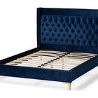 Baxton Studio Valery Modern and Contemporary Navy Blue Velvet Fabric Upholstered Queen Size Platform Bed with Gold-Finished Legs