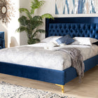 Baxton Studio Valery Modern and Contemporary Navy Blue Velvet Fabric Upholstered King Size Platform Bed with Gold-Finished Legs