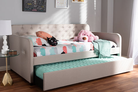 Baxton Studio Camelia Modern and Contemporary Beige Fabric Upholstered Button-Tufted Twin Size Sofa Daybed with Roll-Out Trundle Guest Bed