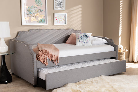 Baxton Studio Ally Modern and Contemporary Grey Fabric Upholstered Twin Size Sofa Daybed with Roll Out Trundle Guest Bed