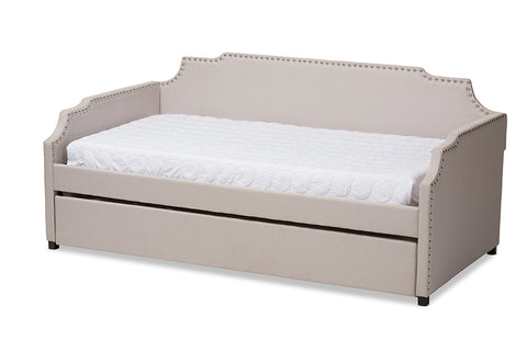 Baxton Studio Ally Modern and Contemporary Beige Fabric Upholstered Twin Size Sofa Daybed with Roll Out Trundle Guest Bed