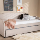 Baxton Studio Ally Modern and Contemporary Beige Fabric Upholstered Twin Size Sofa Daybed with Roll Out Trundle Guest Bed