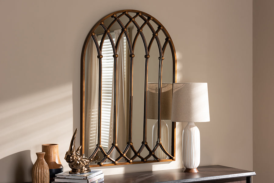 Baxton Studio Freja Vintage Farmhouse Antique Bronze Finished Arched Window Accent Wall Mirror