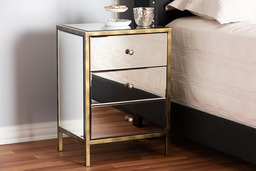 Baxton Studio Nouria Modern and Contemporary Hollywood Regency Glamour Style Mirrored 3-Drawer End Table