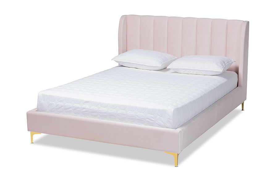 Baxton Studio Saverio Glam and Luxe Light Pink Velvet Fabric Upholstered Queen Size Platform Bed with Gold-Tone Legs