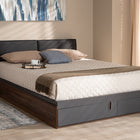 Baxton Studio Rikke Modern and Contemporary Two-Tone Gray and Walnut Finished Wood Queen Size Platform Storage Bed with Gray Fabric Upholstered Headboard