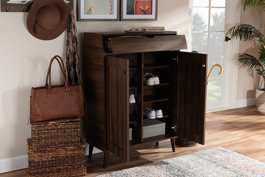 Baxton Studio Cormier Mid-Century Modern Walnut Brown finished 2-Door Wood Entryway Shoe Storage Cabinet