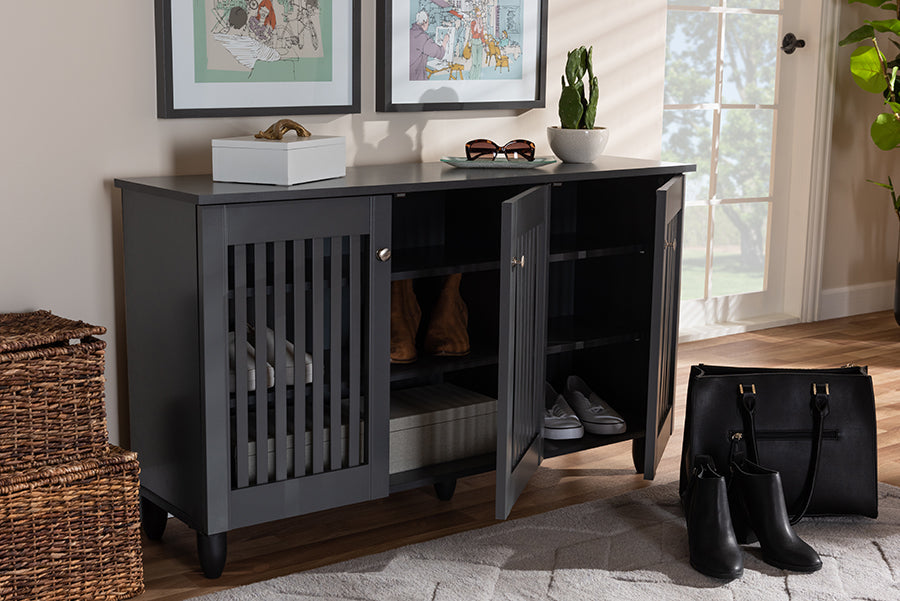 Baxton Studio Fernanda Modern and Contemporary Dark Gray 3-Door Wooden Entryway Shoe Storage Wide Cabinet