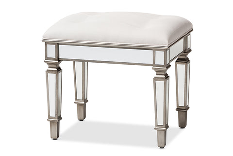 Baxton Studio Marielle Hollywood Regency Glamour Style Off White Fabric Upholstered Mirrored Ottoman Vanity Bench