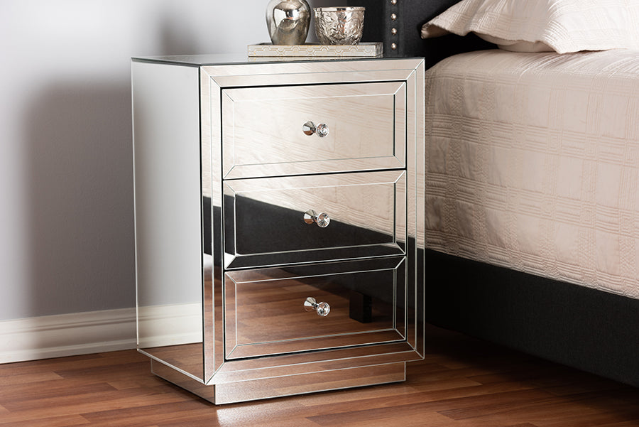 Baxton Studio Lina Modern and Contemporary Hollywood Regency Glamour Style Mirrored 3-Drawer End Table 