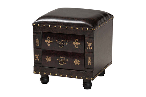 Baxton Studio Charlier Rustic Antique Inspired Dark Brown Faux Leather Upholstered Wood Storage Ottoman with Book Spine Drawer