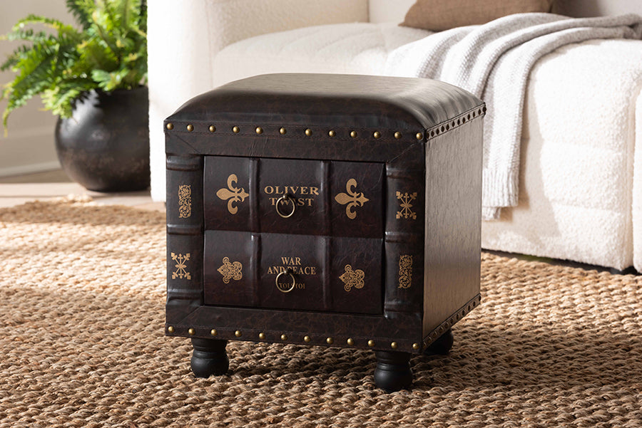 Baxton Studio Charlier Rustic Antique Inspired Dark Brown Faux Leather Upholstered Wood Storage Ottoman with Book Spine Drawer