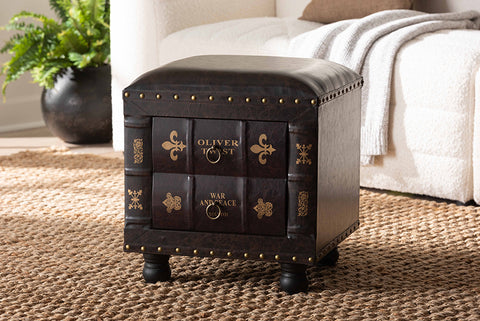 Baxton Studio Charlier Rustic Antique Inspired Dark Brown Faux Leather Upholstered Wood Storage Ottoman with Book Spine Drawer