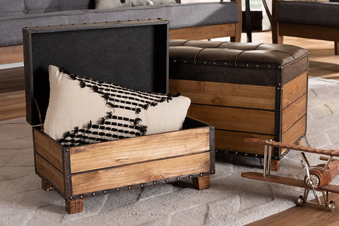 Baxton Studio Marelli Rustic Dark Brown Faux Leather Upholstered 2-Piece Wood Storage Trunk Ottoman Set