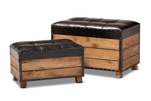 Baxton Studio Marelli Rustic Dark Brown Faux Leather Upholstered 2-Piece Wood Storage Trunk Ottoman Set