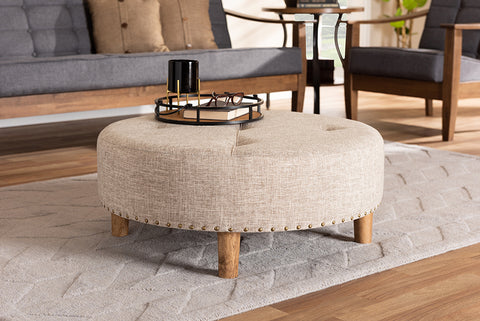 Baxton Studio Vinet Modern and Contemporary Beige Fabric Upholstered Natural Wood Cocktail Ottoman