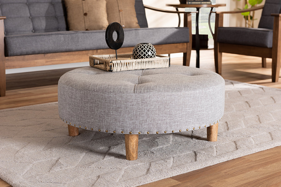 Baxton Studio Vinet Modern and Contemporary Light Gray Fabric Upholstered Natural Wood Cocktail Ottoman