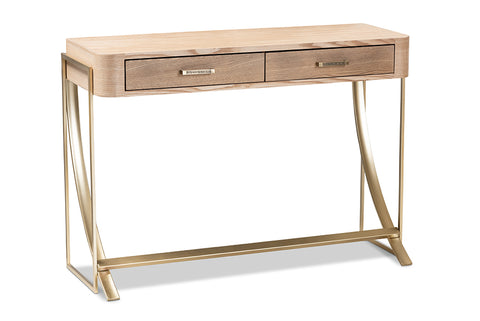Baxton Studio Lafoy Modern and Contemporary Natural Brown Finished Wood and Gold Finished 2-Drawer Console Table