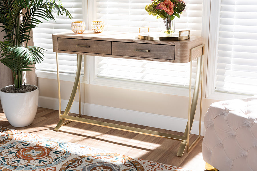 Baxton Studio Lafoy Modern and Contemporary Natural Brown Finished Wood and Gold Finished 2-Drawer Console Table