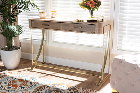 Baxton Studio Lafoy Modern and Contemporary Natural Brown Finished Wood and Gold Finished 2-Drawer Console Table